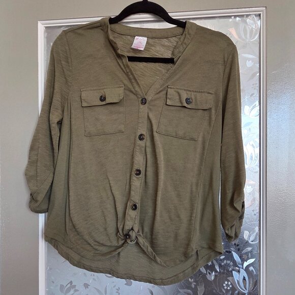 No Boundaries Tops - Olive blouse with button up sleeves - Size 11-13